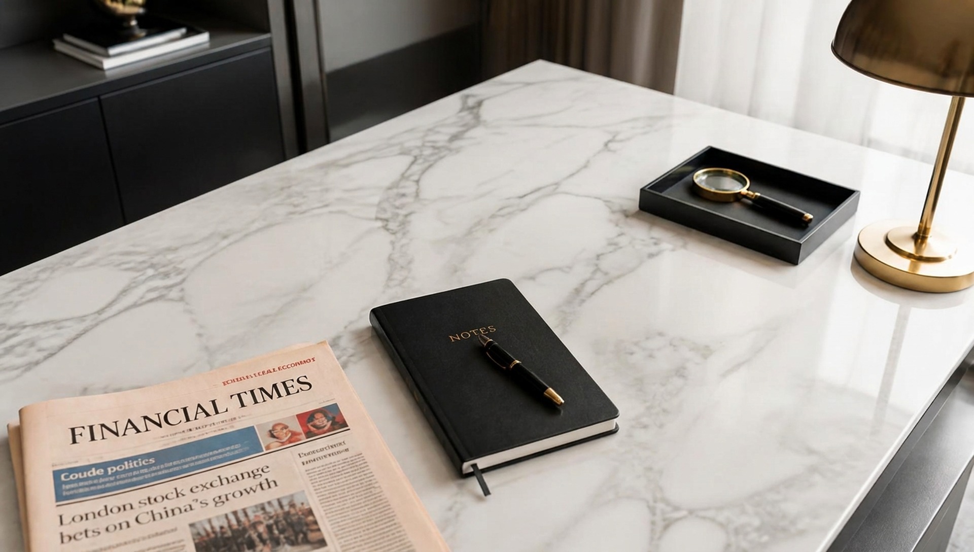 Desk with newspaper, notebook, pen and magnifying glass