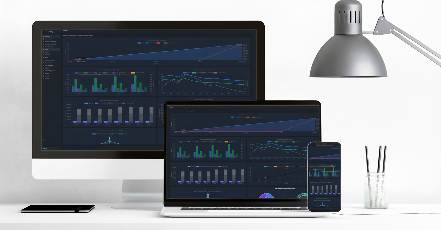 Analytics dashboard displayed across multiple devices showing revenue growth metrics and data visualization